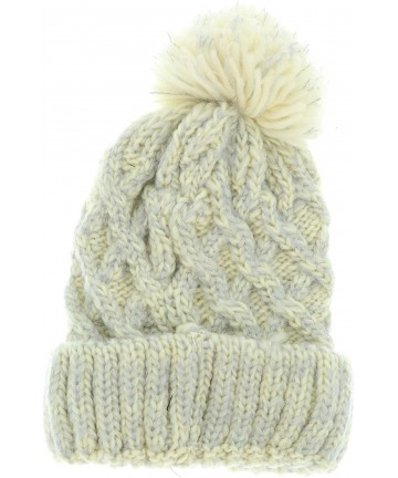 Skullies & Beanies Women's Sherpa Lined Knit Pom Pom Beanie Hat - Winter White- Silver - CV18A6GO7QX $18.75