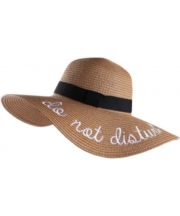 Sun Hats Embroidery Large Floppy Wide Brim Straw Foldable Beach Sun Hat Caps - Tan - CX183KX6ZYD $19.84