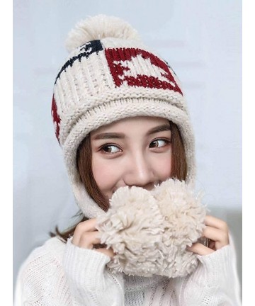 Skullies & Beanies Women Winter Thick Beanie Hat Warm Cable Knitted Ski Earflaps Pom Pom Caps - Beige - CP18K6YGON5 $18.90