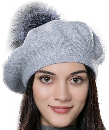 Berets Unisex Winter Hat Womens Knit Wool Beret Cap with Fur Ball Pom Pom - Slate Gray - CP12N2H4XK1 $36.50