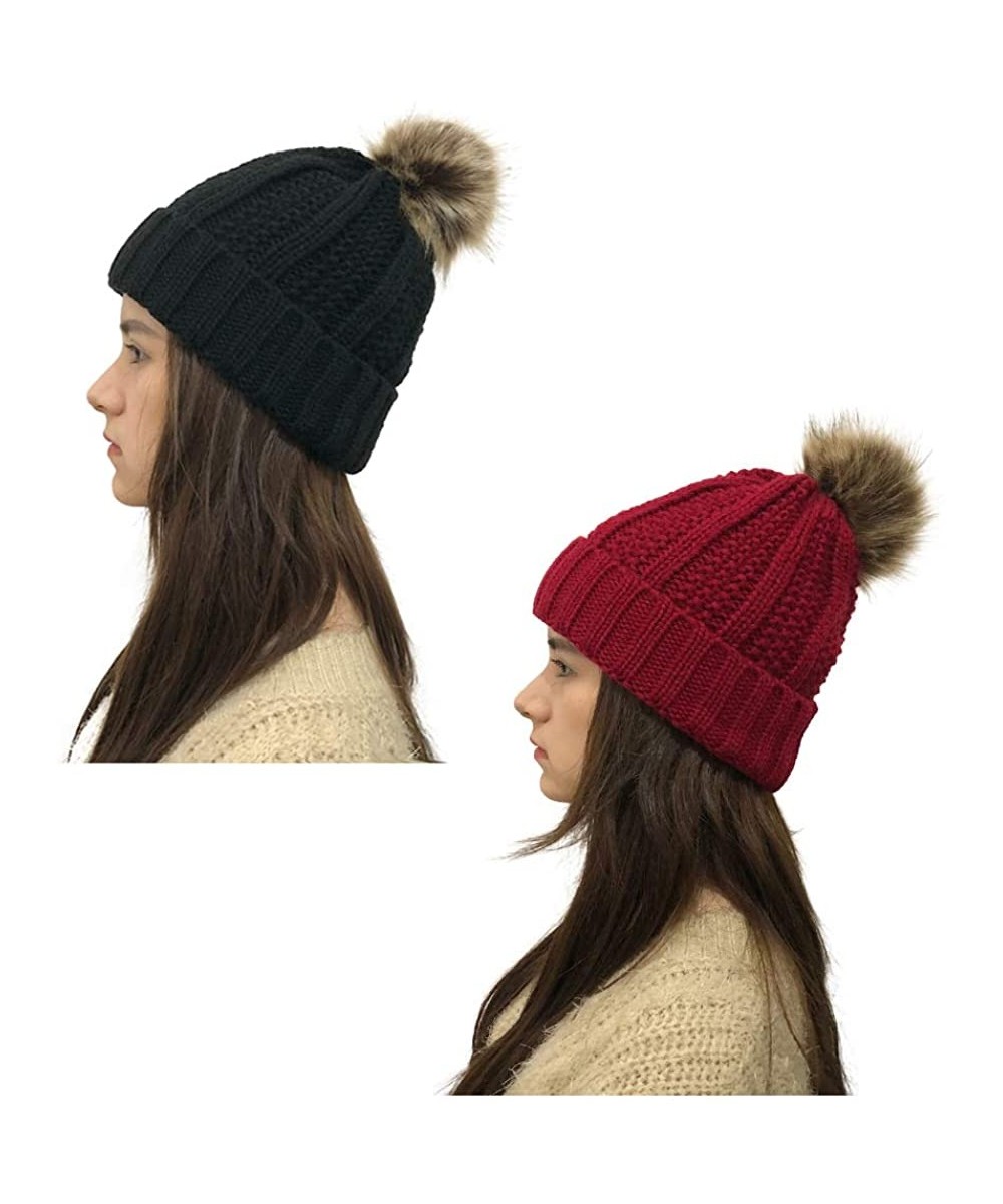 Fedoras Womens Winter Knit Slouchy Beanie Hat Warm Skull Ski Cap Faux Fur Pompom Hats for Women - Black+red - CQ18YD6QU2D $35.18