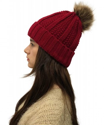 Fedoras Womens Winter Knit Slouchy Beanie Hat Warm Skull Ski Cap Faux Fur Pompom Hats for Women - Black+red - CQ18YD6QU2D $35.18