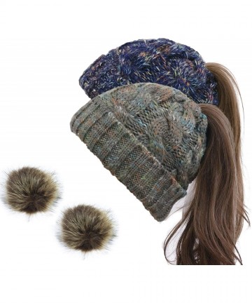 Skullies & Beanies 2 Pack Ponytail Hat Women Beanie Winter Knit Soft Hat Warm Stretch Cable Knit Hat Cap - Detachable Pom Gra...