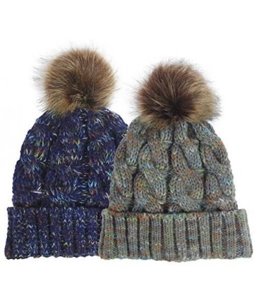 Skullies & Beanies 2 Pack Ponytail Hat Women Beanie Winter Knit Soft Hat Warm Stretch Cable Knit Hat Cap - Detachable Pom Gra...