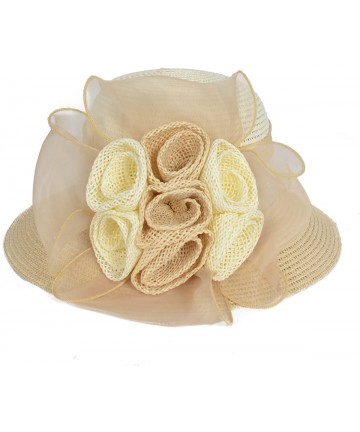 Bucket Hats Women's Straw Cloche Hat Ribbon Flower Bucket Bridal Church Derby Cap - Khaki - C518C4Y79GO $31.22