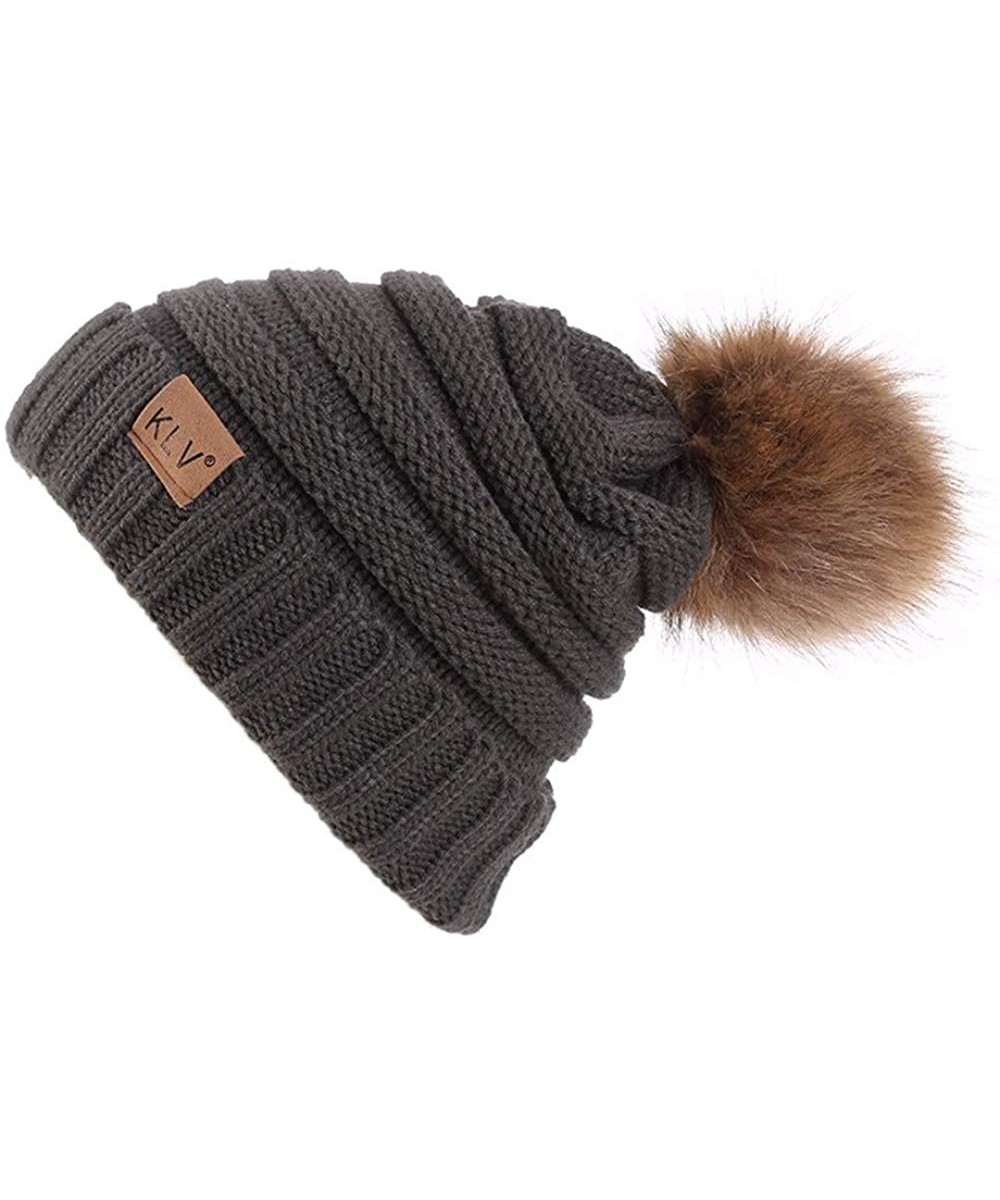 Skullies & Beanies Womens Winter Knitted Beanie Hat with Faux Fur Warm Knit Skull Cap Beanie - 01-brown - CV18AU67KYQ $13.19
