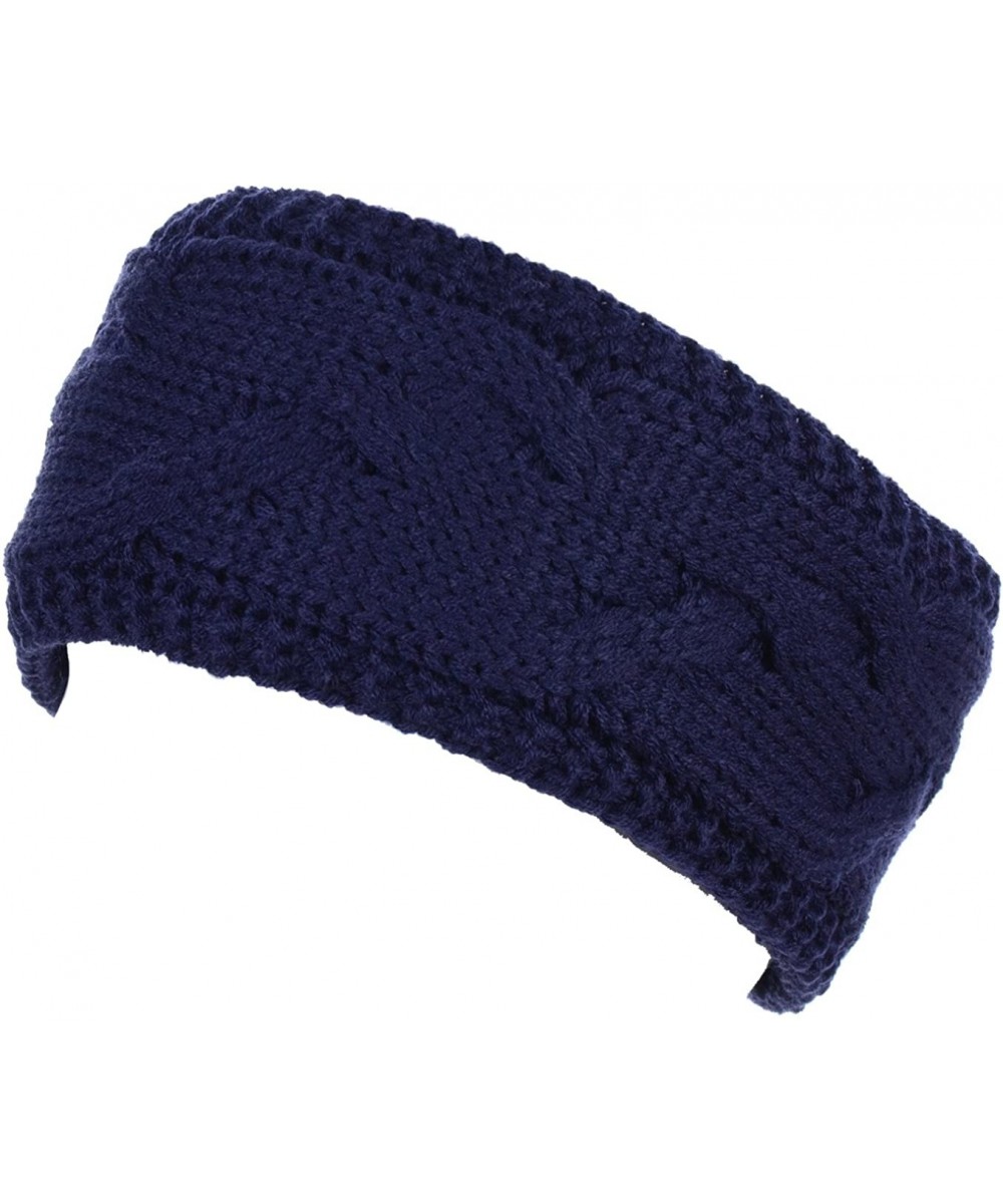 Cold Weather Headbands Womens Chic Cold Weather Enhanced Warm Fleece Lined Crochet Knit Stretchy Fit - Cable Knit Navy - CV18...