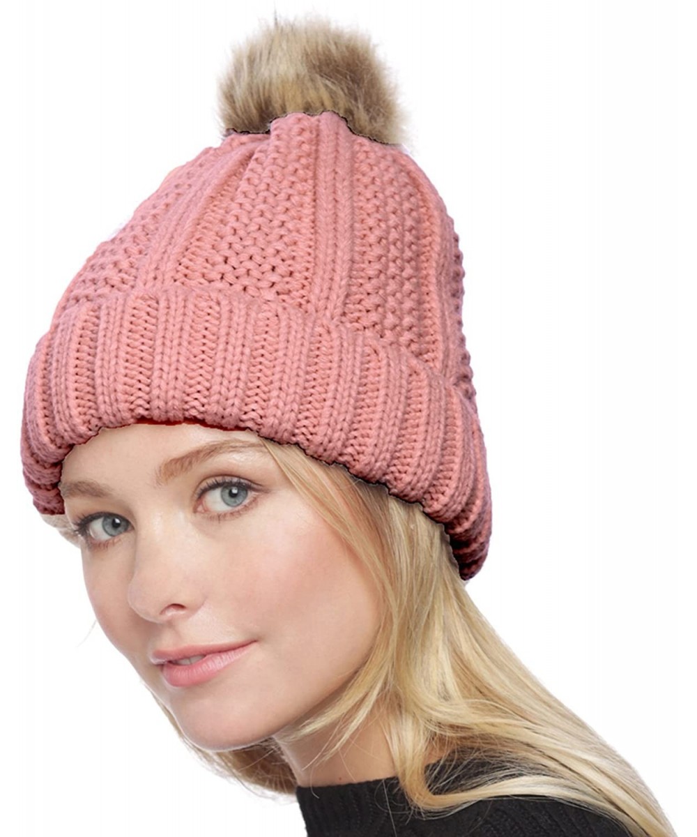 Skullies & Beanies Women's Winter Thick Knitted Plush Lining Pom Pom Beanie Hat. - Pink - C1186X6SSGD $13.50
