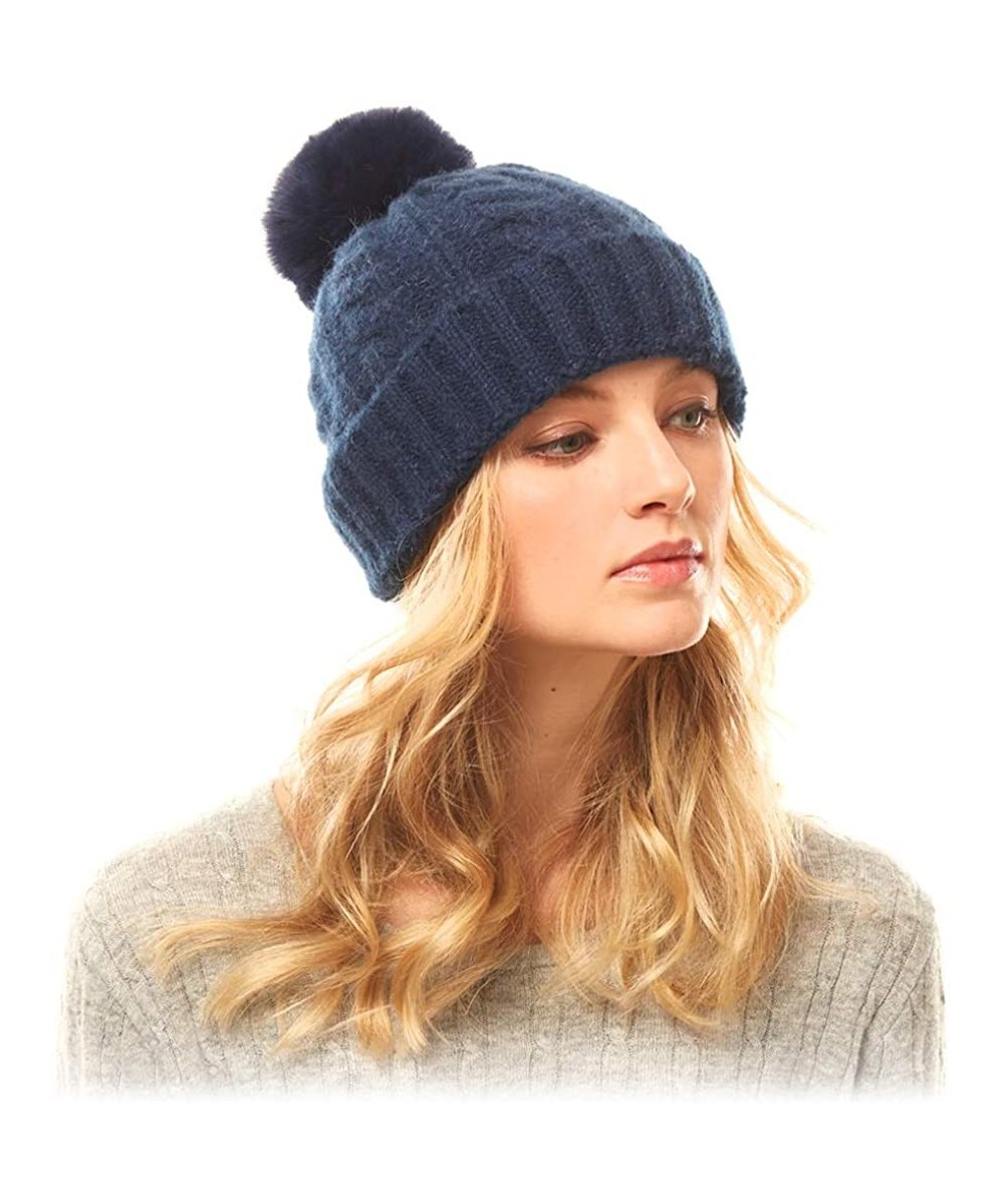 Skullies & Beanies Me Plus Women Fashion Fall Winter Soft Cable Knitted Faux Fur Pom Pom Beanie Hat - Cable Knit - Navy - CS1...