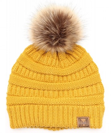 Skullies & Beanies Women's Soft Stretch Cable Knit Warm Skully Faux Fur Pom Pom Beanie Hats - Mustard - C518GQONUWD $13.80