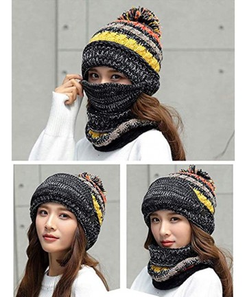 Skullies & Beanies Fleece Lined Pom Pom Beanie Scarf Mask Set Thick Knit Ski Hat for Girls Women - Black - C218Z5TH9NA $20.38