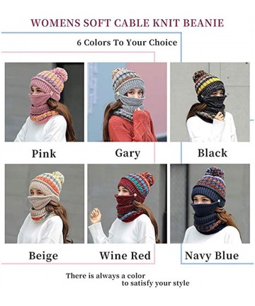 Skullies & Beanies Fleece Lined Pom Pom Beanie Scarf Mask Set Thick Knit Ski Hat for Girls Women - Black - C218Z5TH9NA $20.38
