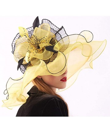 Sun Hats Women Kentucky Derby Hat Wide Brim Summer Church Fascinators Elegant Tea Party Cap - Yellow 3 - CA18QXQW5Q2 $26.79