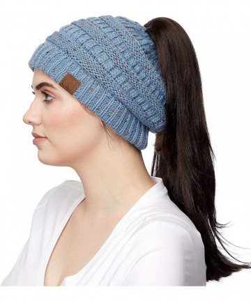 Skullies & Beanies Ribbed Confetti Knit Beanie Tail Hat for Adult Bundle Hair Tie (MB-33) - Denim (With Ponytail Holder) - C7...