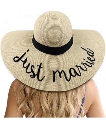 Sun Hats Womens Big Bowknot Straw Hat Floppy Foldable Roll up Beach Cap Sun Hat UPF 50+ - Ae Just Married - Beige - C01947N24...