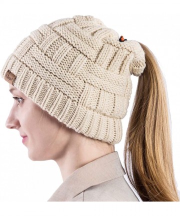 Skullies & Beanies Womens High Messy Bun Beanie Hat with Ponytail Hole- Winter Warm Trendy Knit Ski Skull Cap - Beige - CE192...