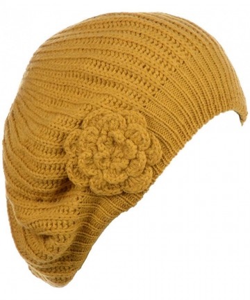 Berets Womens Fall Winter Ribbed Knit Beret Double Layers with Flower - Mustard - C318U8LM2T7 $17.61