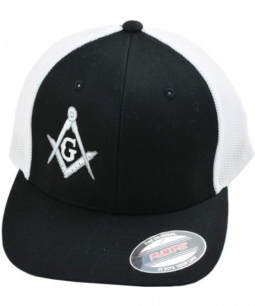Baseball Caps Silver Square & Compass Embroidered Masonic Flexfit Adult Trucker Hat - Black - C411AZD1RTL $29.07