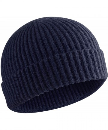 Skullies & Beanies 50% Wool Short Knit Fisherman Beanie for Men Women Winter Cuffed Hats - Navy Blue - CT18AA05W67 $20.54