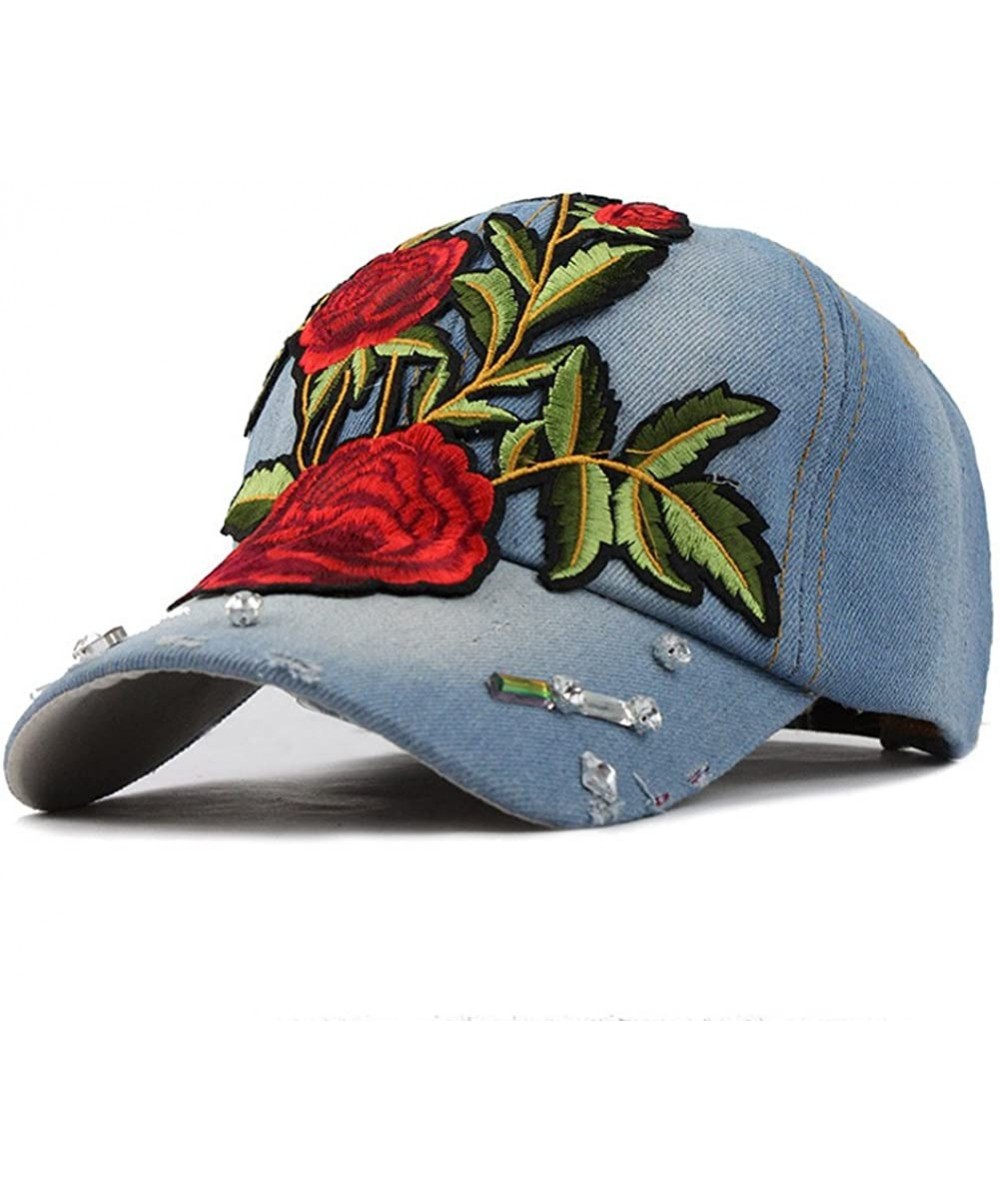 Skullies & Beanies Unisex Fashion Rose Floral Embroidery Baseball Sun Denim Cap Adjustable Baseball hat - Light Blue - CU1834...