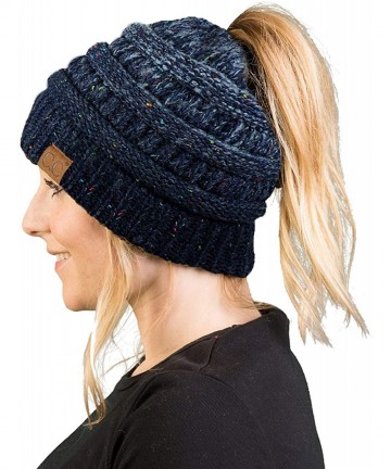Skullies & Beanies Women's Beanie Ponytail Messy Bun BeanieTail Multi Color Ribbed Hat Cap - A Faded/Variegated Mix - Navy - ...