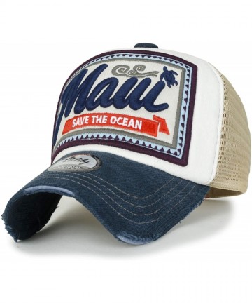 Baseball Caps Maui Embroidery Patch Casual Mesh Baseball Cap Distressed Trucker Hat - White&navy - C218WSUY09D $31.71