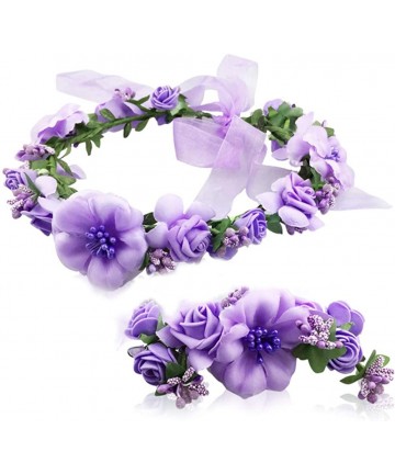 Headbands Flower Crown Headband Garland Wrist Band Wedding Party Hair Wreath Women Girl - Purple - CN18QR7S33K $14.71