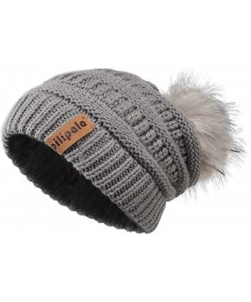 Skullies & Beanies Womens Winter Knit Beanie Hat Slouchy Warm Pom Pom Hat Faux Fur Caps for Women Ladies Girls - Grey-grey Po...