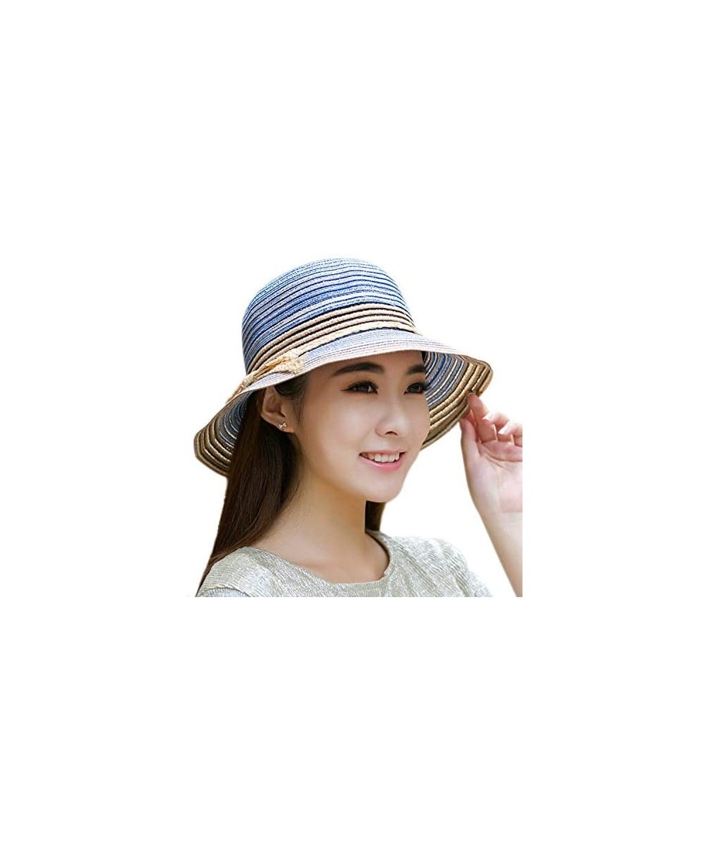 Sun Hats Ladies Summer Sun Hats Women Panama Straw Beach Hats Foldable Wide Brim UPF50+ - Blue - CJ18D48H56M $12.41