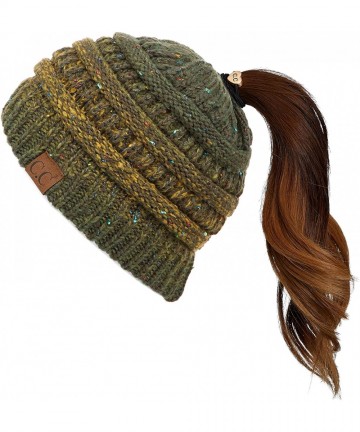 Skullies & Beanies Ribbed Confetti Knit Beanie Tail Hat for Adult Bundle Hair Tie (MB-33) - Olive Ombre - CX18SI0E8WX $29.41