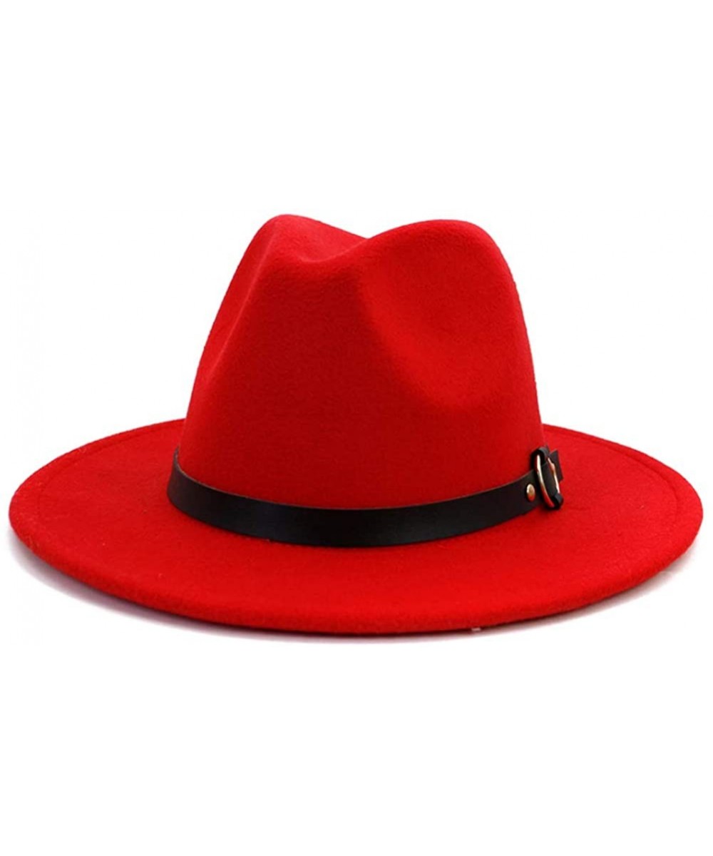 Fedoras Women's Classic Wide Brim Fedora Hat with Belt Buckle Felt Panama Hat - Z2-red - CP18ZKN7MXW $18.57