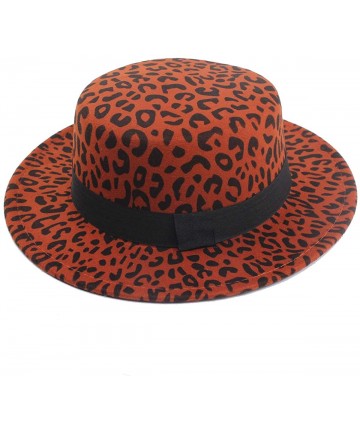 Fedoras Women's Brim Fedora Wool Flat Top Hat Church Derby Bowknot Cap - Orange Leopard - CM1936WETMO $33.92