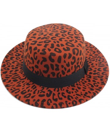 Fedoras Women's Brim Fedora Wool Flat Top Hat Church Derby Bowknot Cap - Orange Leopard - CM1936WETMO $22.92