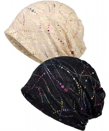 Skullies & Beanies Women's Cotton Beanie Lace Turban Soft Sleep Cap Chemo Hats Fashion Baggy Slouchy Hat - 2pack A-beige+blac...