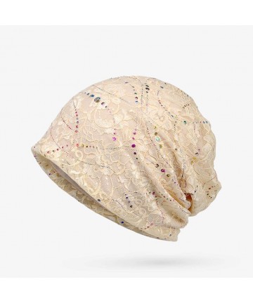 Skullies & Beanies Women's Cotton Beanie Lace Turban Soft Sleep Cap Chemo Hats Fashion Baggy Slouchy Hat - 2pack A-beige+blac...