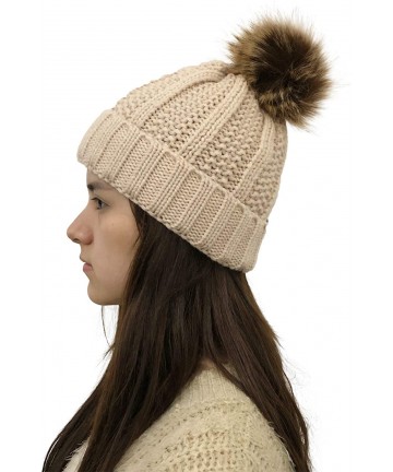 Skullies & Beanies Women Winter Knit Beanie Chunky Baggy Hat with Faux Fur Pompom Ski Cap - Beige - C318YNOAO0U $18.34