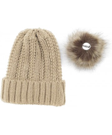 Skullies & Beanies Women Winter Knit Beanie Chunky Baggy Hat with Faux Fur Pompom Ski Cap - Beige - C318YNOAO0U $18.34