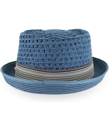 Fedoras Belfry Men Women Summer Straw Porkpie Vented Trilby Fedora Hat in Blue Tan Black Brown Burgundy - Slate - CL19366QQU7...