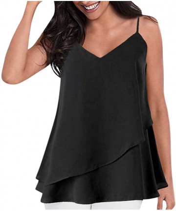 Rain Hats Women's Sexy Tops Fashion Solid Color Small Strap Double Ruffled Camisole Blouse - Black - CM18SSD0QDG $15.31