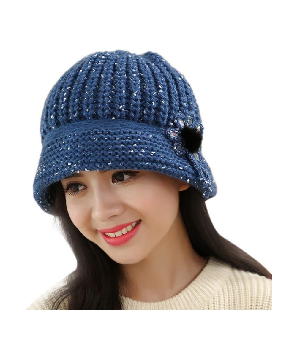 Skullies & Beanies Fashion Womens Flower Knit Crochet Beanie Hat Winter Warm Cap Beret (Blue) - Blue - C518KYZWH8Y $14.96