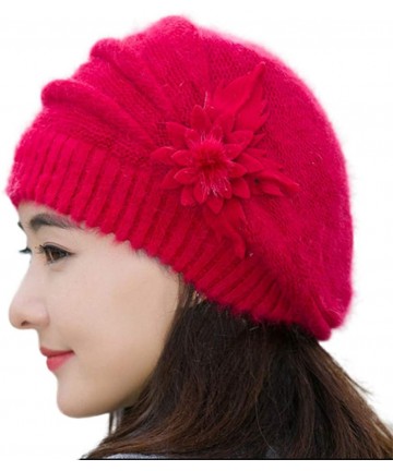 Berets Women Winter Warm Cap Knit Hat Beret Wool Snow Ski Caps Visor - Red - CT18M4YAOOC $13.76