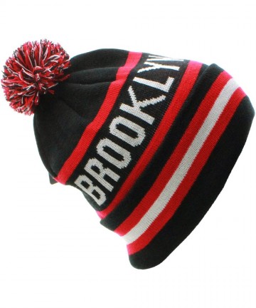 Skullies & Beanies USA Favorite City Cuff Winter Beanie Knit Pom Pom Hat Cap - Brooklyn - Black Red - C911Q2TZ0KZ $18.86