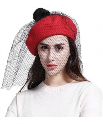 Berets Women's Franch Inspired Wool Felt Beret Hat with Veil Cocktail Hat - Pompom-red - CV187QZ0ILL $19.35