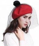 Berets Women's Franch Inspired Wool Felt Beret Hat with Veil Cocktail Hat - Pompom-red - CV187QZ0ILL $19.35