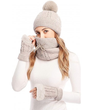 Skullies & Beanies 3 Pieces Knitted Hat Set Winter Thick Warm Knit Hat + Scarf + Touch Screen Gloves - Khaki_soft Chenille - ...