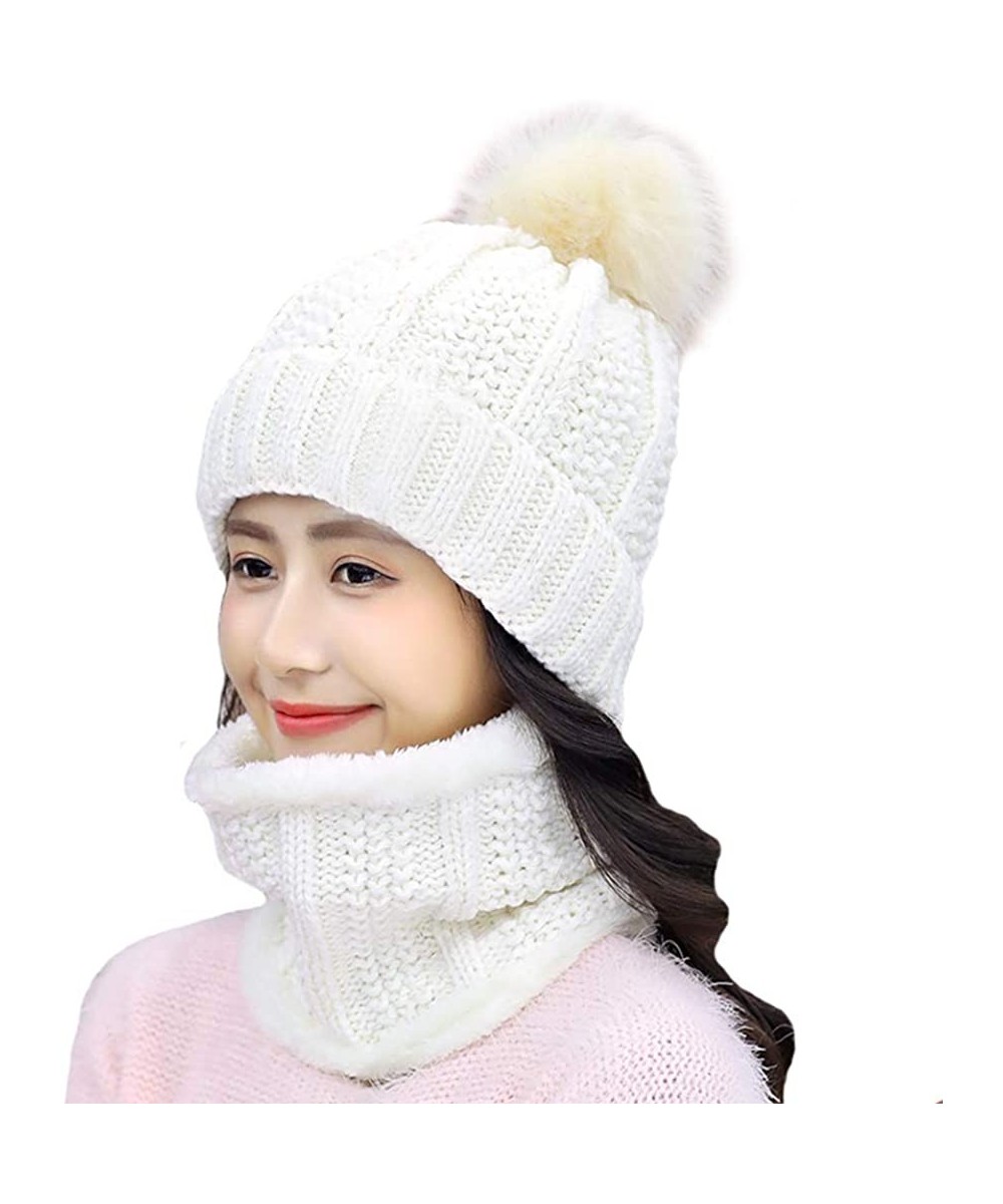 Skullies & Beanies Womens Winter Beanie Hat Scarf Set Warm Fuzzy Knit Hat Neck Scarves - C-white - C918ZDQEHSL $18.59
