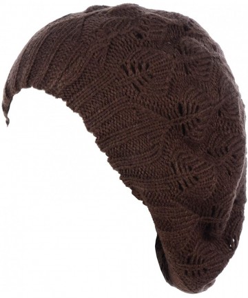 Berets Winter Chic Warm Double Layer Leafy Cutout Crochet Chunky Knit Slouchy Beret Beanie Hat Solid - CT18X63C2OY $24.62