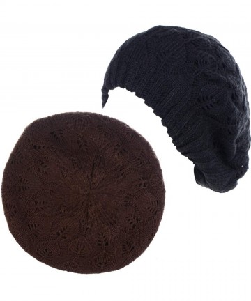 Berets Winter Chic Warm Double Layer Leafy Cutout Crochet Chunky Knit Slouchy Beret Beanie Hat Solid - CT18X63C2OY $24.62
