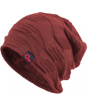 Skullies & Beanies Winter Baggy Slouchy Stocking Beanie Thick Knit Fur Lined Ski Hat Large Skull Cap - Red - CN18K4CI76W $19.84