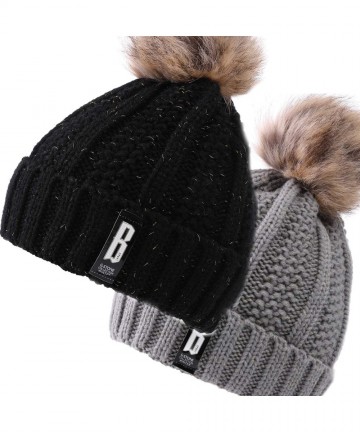 Skullies & Beanies Fleece Lined Women Winter Beanie Hats Faux Fur Pom Pom Beanie Hat - 2pcs- Blackgray - CT12NVE1HJI $19.76